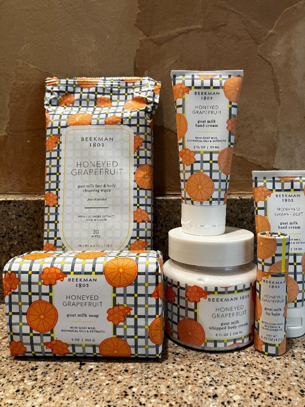Beekman 1802 Set of Honeyed Grapefruit Soap, Body Creme , Hand Creme, Lip! NEW